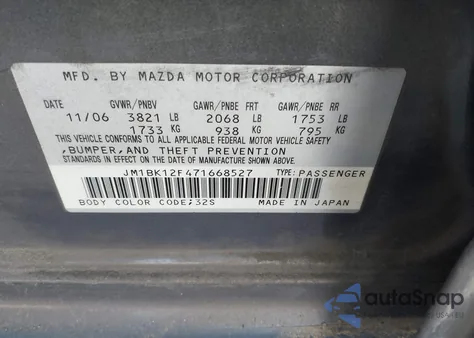 2007 Mazda Mazda3 I from USA, damaged, VIN JM1BK12F471668527